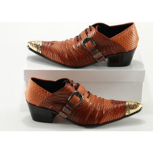 Chaussure Homme Brown Retro Mens Dress Shoes Snake Print Buckles Mosaic Mens Shoes With Heels Mens Formal Shoes Genuine Leather