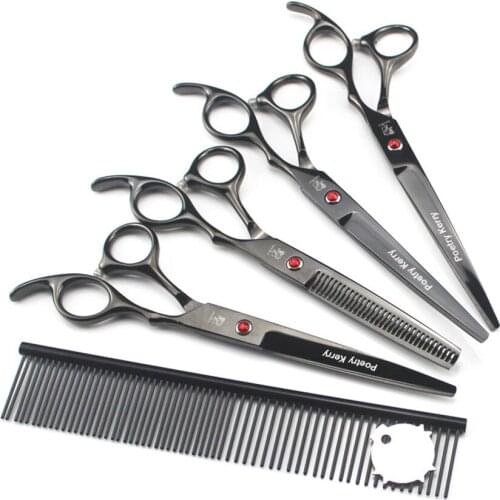 Black Professional Pet Scissors 7.0 inch Cutting Thinning Curved Scissors Set Dog Grooming Shears Hair Cutting Scissors 4pcs