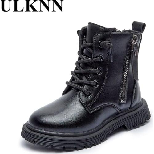 ULKNN Kids Shoes Winter Boys And Girls Martin Boots Baby Fashion Boots Children Leather Mid-Calf Shoes Outdoor Non-slip Black