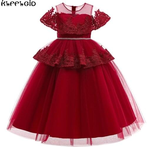2021 girls' dress flower childrens Dress Girls' dress wine red lace childrens banquet dress wedding dress girls' piano perform