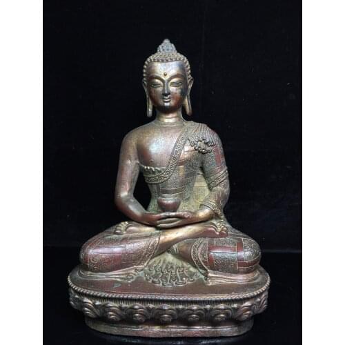 12"Chinese Folk Collection Old Bronze Cinnabar Lacquer Shakyamuni Buddha Medicine Buddha Ornaments Town House Exorcism