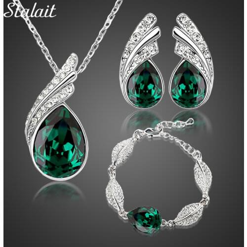Wholesales bridal Jewelry set Austrian Crystal fashion leaf tear feather Water drop pendant necklace earrings jewelry sets