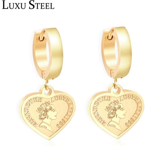 LUXUSTEEL Stainless Steel Round Coin Gold Queen Elizabeth Earring Trendy Hoop Earrings Jewelry Collier Bijoux Brinco Party Gift