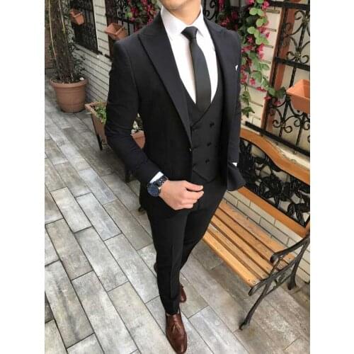 Custom Made Men Suits Black Groom Tuxedos Peak Lapel Groomsmen Wedding Best Man 3 Pieces ( Jacket+Pants+Vest+Tie ) C921