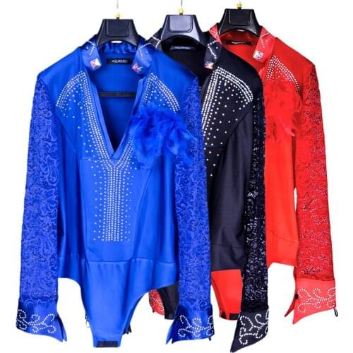 2020 men Ballroom Latin Dance Shirts Male Black Long Sleeve Lace V Collar Shirt Men Samba Cha Cha Dancing Tops Performance Wear