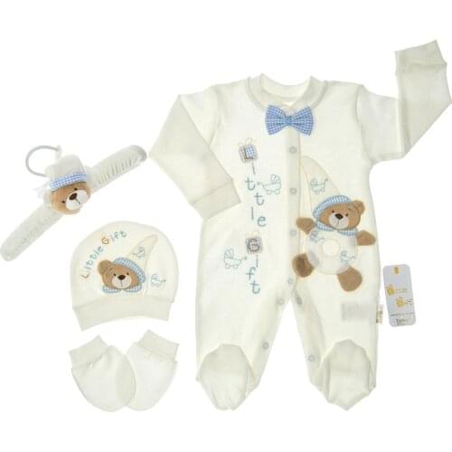 4 piece baby rompers set,baby booties,baby gloves,baby hat with clothes hanger newborn gift set,baby girls and boys gift