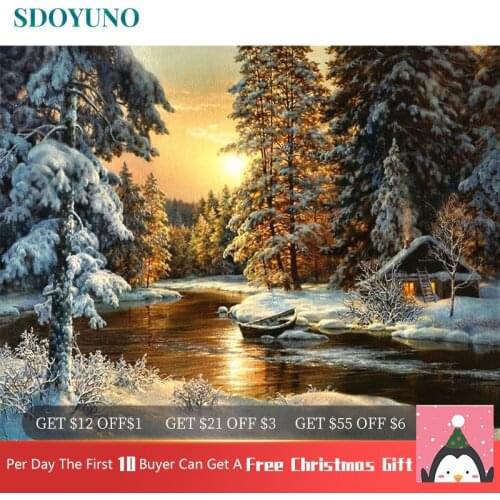 SDOYUNO Sunset Snow View Cottage Painting By Numbers Winter DIY Framed Coloring by numbers Acrylic On Canvas For Unique Gift