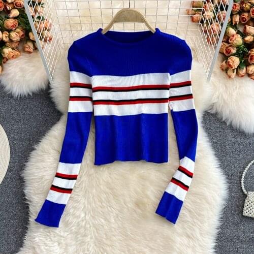 Autumn Winter Fashion Striped Sweater Women Knitted High Elastic Jumper O-Neck Sweaters Pullovers Striped Tops