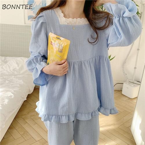 Pajama Sets Women Autumn New Korean Style Flare Sleeve Simple Tender Sweet Lace Ruffles All-match Aesthetic Prevalent Clothing