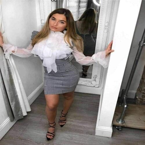 Plus Size Women Plaid High Waist Skirts Ruffles Slim Bodycon Skirt Preppy Style Check Frill Zipper Mini Skirts 2Styles