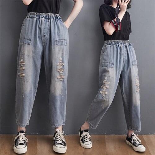 Ripped Summer 2021 New Vintage Jeans Women Loose And Versatile Elastic Waist Harlan Nine-Point Denim Pants Female Trousers zh940