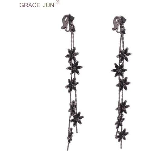 GRACE JUN 3 Colors AAA CZ Flower Shape Clip on Earrings and Drop Pierced Earrings for Women Elegant No Pierced Earrings New