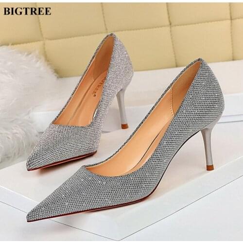 Bling Sequined Cloth Shallow Womens Shoes New Spring Pointed Toe Woman High Heels 7cm Sliver Ladies Party Dress Pumps Fashion