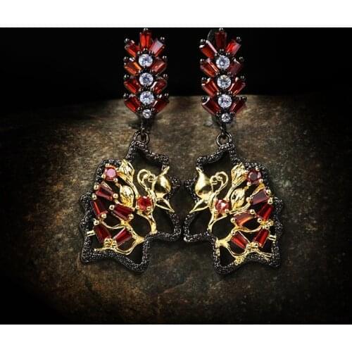 CHARLINLIOL Hollow Design Vintage Black Gold Ruby Dangle Drops Earrings for Women 925 Silver Flower Elegant Boho Jewelry Gift