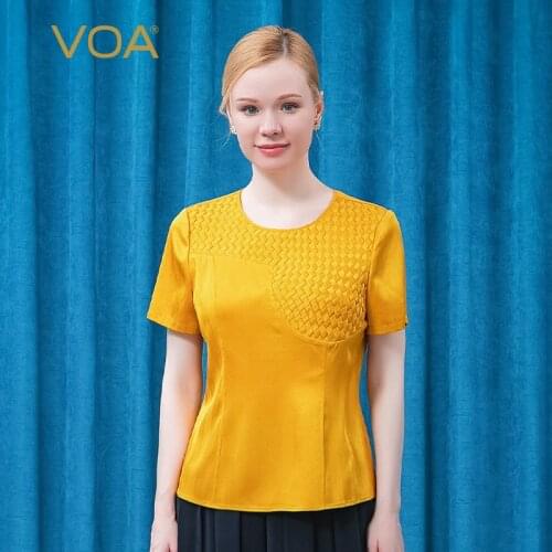 VOA Silk Golden Elastic Twill Round Neck Short Sleeve Three-dimensional Woven One Button Original Summer Refreshing Tshirt BE639