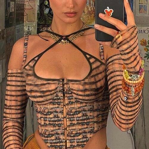 YiYiMiYu Y2k Long Sleeve Crop Top Femme Sexy Club T Shirts for Women Vintage Corsets Busiter Brown Print Graphic Tee