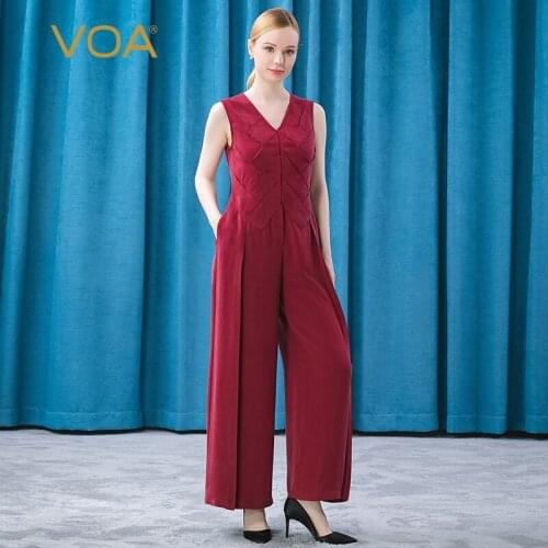 VOA Silk 30m/m V Collar Sleeveless Diamond Three-dimensional Decorative Oblique Pocket Agate Red Jumpsuits Women KE266