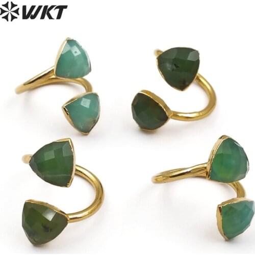 WT-R317 WKT Wholesale Natural Chrysoprase Stone In Triangle Shape Faceted Green Stone With Gold Trim For Women Dainty Ring