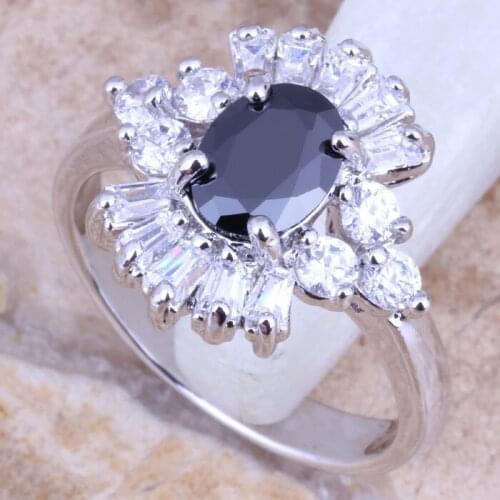 Good-Looking Black Cubic Zirconia White CZ Silver Plated Womens Jewelry Ring Size 6 / 7 / 8 / 9 R1199
