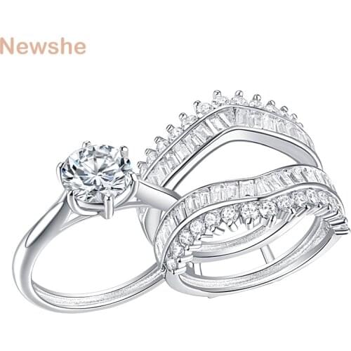Newshe Solid 925 Sterling Silver Wedding Rings Set For Women Solitaire Round Cut AAA Zircon Engagement Ring Guard Band QR7686