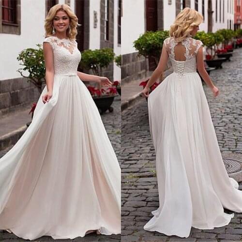 Charming Chiffon Jewel Neckline A-Line Wedding Dress With Lace Appliques & Belt See Through Keyhole Back Lace Vestido de noiva