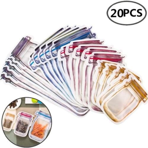 20Pcs Reusable Mason Jar Bottles Bags Nuts Candy Cookies Bag Seal Fresh Food Storage Bag Snacks Zipper Sealed Kitchen Organizer