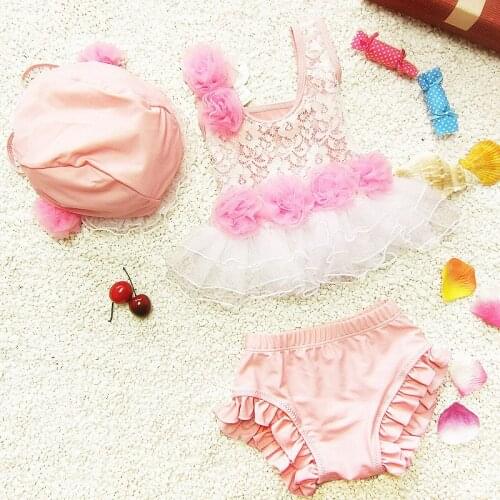 2018 Summer Childrens Bikini Kids Girls Cute Swimwear Baby Infant Ruffle Bow Princess Two Pieces Swimsuit With Swim Cap 0-2Y