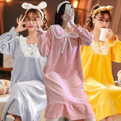 2021 Winter Long Sleeve Thick Warm Flannel Nightgowns for Women Coral Velvet Sleepwear Long Dress Night Dress Nightdress Nighty