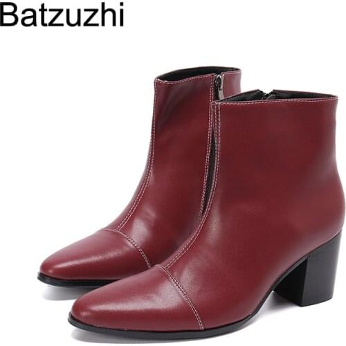 Batzuzhi Luxury Handmade Mens Shoes Pointed Toe Soft Genuine Leather Ankle Boots Men 7.5cm High Heel Party&Wedding Botas Hombre