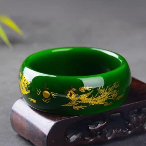 Natural Green Hand-carved Dragon and Phoenix Wide Bar Jade Bracelet Boutique Jewelry Men and Women Spinach Green Bracelet Gifts