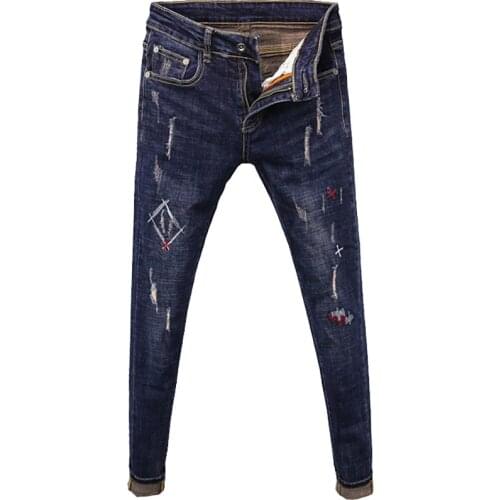 Simple stylish 2020 Fashion Casual stitching decorative denim jeans mens spring autumn hip hop Slim stretch skinny pants men