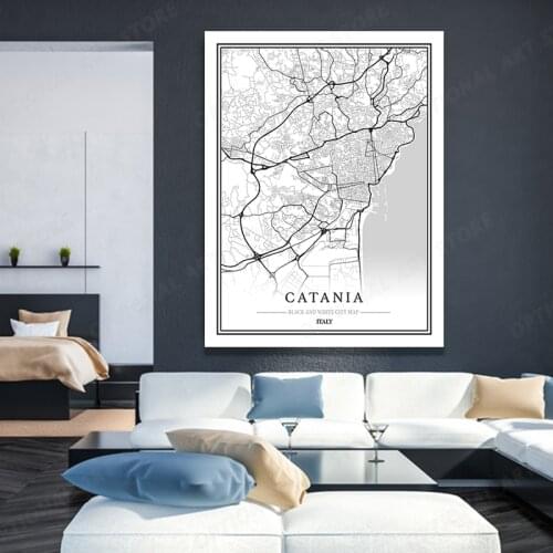 Black And White World City Map CATANIA Wall Art Canvas Poster Prints Nordic Style Paintings Picture For Living Room