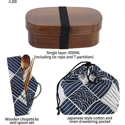 Wooden Lunch Box Picnic Japanese Bento Box for School Kids Dinnerware Set with Bag&Spoon Fork Chopsticks Round Square Lunch Box