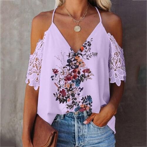 Plus Size Lace Sling T-shirt Fashion Loose Casual Floral Print Off Shoulder V-Neck Top Summer Beach Vacation Womens Clothing