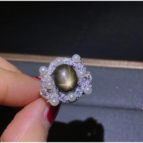 Fine Jewelry 925 Sterling Silver Natural Black Star Sapphire New Ring Luxury Girls Ring Support Test