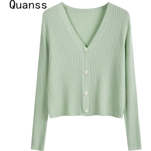 Quanss 2021 Women V Neck Knitted Cardigan Spring Autumn Fashion Korean Knit Shot Sweater Female Summer Long Sleeve Casual Tops