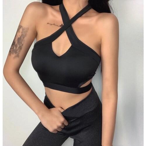 Summer New Cross Strap Halter Sexy Cropped Vest Sports Women Tank Padded Crop Top Hollow Out Black Retro Camisole Corset Female