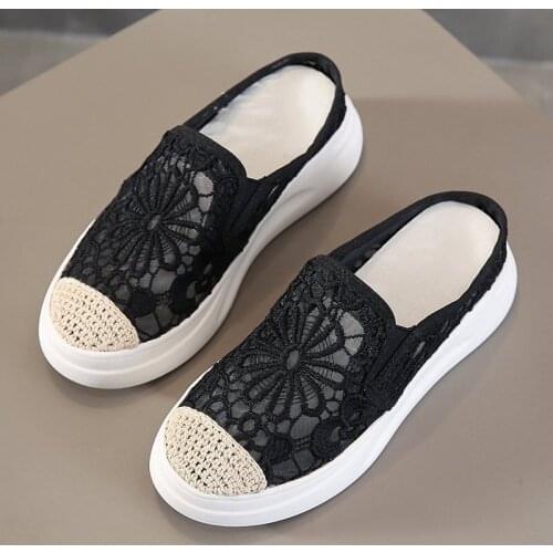 Summer New Fashion Mesh (Air mesh) Loafers Casual Solid Slip-On Round Toe Shallow Kick Lace Breathable High Quality Shoes Woman