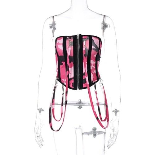 Zipper Sexy Tank Top Asymmetry Party Clubwear Hot Street Outfits Cotton Women Camouflage Sling Corset Sleeveless Skinny