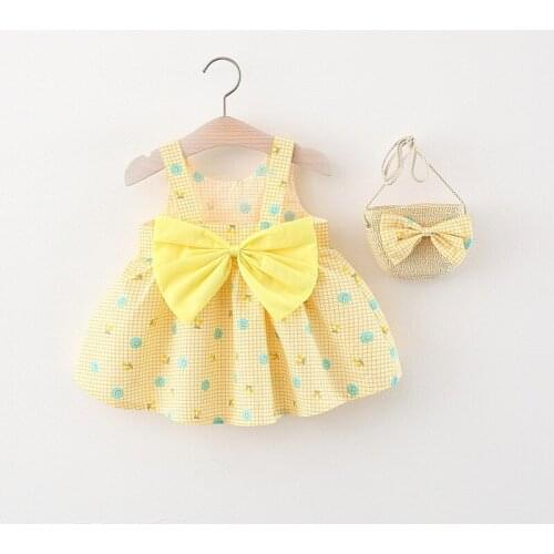 Fashion Summer Baby Girls Dresses Toddler Sleeveless Clothes Cute Bowknot Costumes Children Vestidos With Bags Casual Clothing