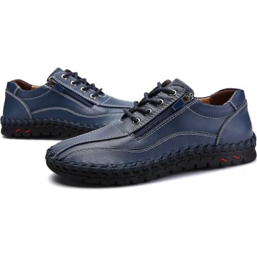 Luxury Genuine Leather Shoes Men Outside Sneakers Zipper Opening Leisure Shoes Claret Blue Wide & Fat Foot Slip Moccasins 2020