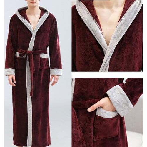 Men Autumn Winter Flannel Long Sleeve Maxi Bathrobe Pockets Hooded Sleepwear