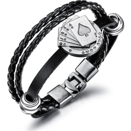 Lucky Vintage Mens Leather Bracelet Playing Cards Charm Multilayer Braided Punk Fashion Men Bracelets & Bangles