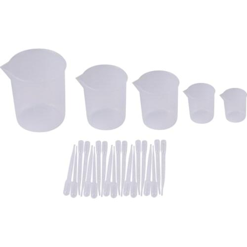 5 Sizes Plastic Beakers Measuring Cups Set(50, 100, 250, 500, 1000ML) and 20 Pack Clear 3ml Graduated Transfer Pipettes