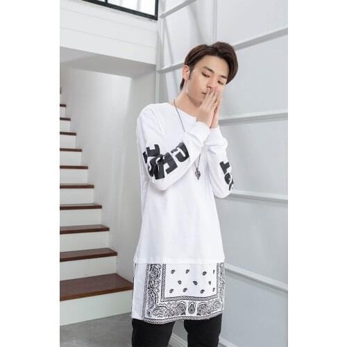 Spring and autumn new mid-long round neck slim long sleeve mens west coast cashew flower men and women hip-hop trend