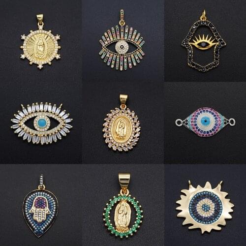 Vni And Mia Diy Evil Eye CZ Charms Wholesale Cross Virgin Mary Necklace Pendant Zircon Hamsa Hand Connector For Jewelry Making