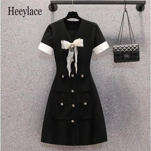 Plus Size Dresses For Women French Vintage Bow V Neck Elegant Midi Dress Female Short Sleeve Black Knitting Party Dresses 4XL
