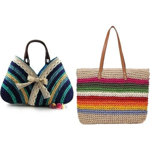 Lady Handbag Beach Rainbow Color Beach Straw Bag with Casual Fashion Bow Rainbow Stripes Lace Bow Bag New Straw Bag