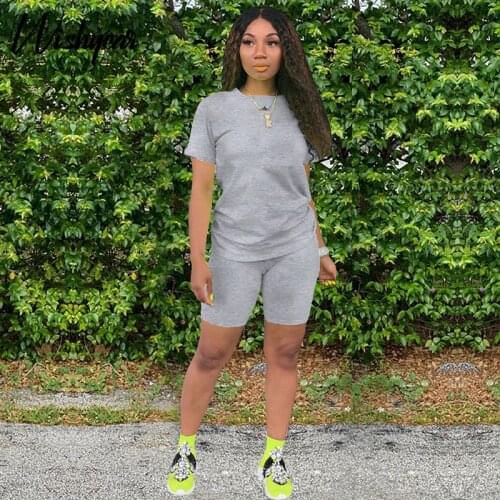 Wishyear Solid Short Sleeve O-neck Tshirt Shorts Set Two Piece Set cycling shorts lounge wear Sporty Work Out Matching Set 2021