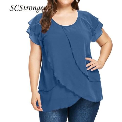 SCSTRONGER Summer Plus Size Female Solid Color Chiffon Short Sleeved Round Neck Multi Layer Splicing Short Sleeved Hem Top